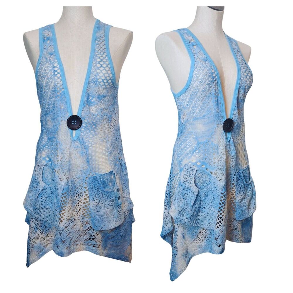 Lily By Firmiana Women’s Blue Crochet Lace Tunic Top Size S Boho Lagenlook